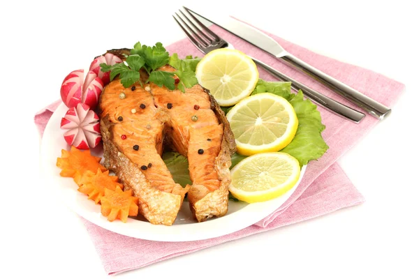 Appetizing grilled salmon with lemon and vegetables isolated on white — Stock Photo, Image