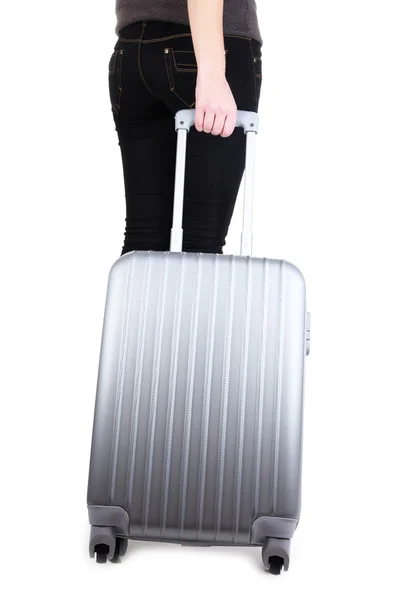 Viajante com mala de prata isolada em branco — Fotografia de Stock