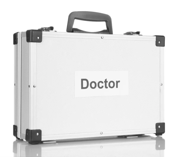 Silvery diplomat (suitcase) isolated on white — Stock Photo, Image