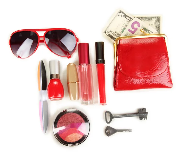 Items contained in the women's handbag isolated on white — Stock Photo, Image