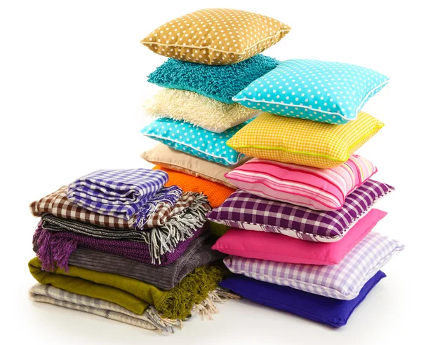 Hills colorful pillows and plaids isolated on white — Stock Photo, Image