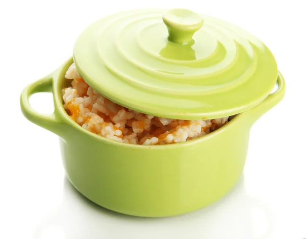 Taste rice porridge with pumpkin in saucepan, isolated on white — Stock Photo, Image