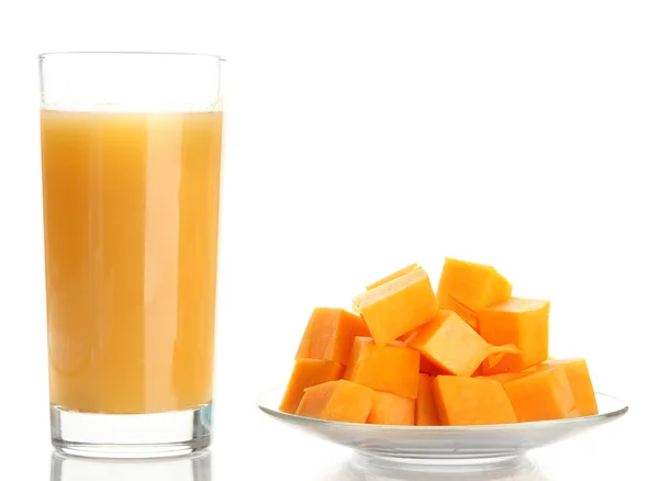 Glass of tasty pumpkin juice and pumpkin, isolated on white — Stock Photo, Image