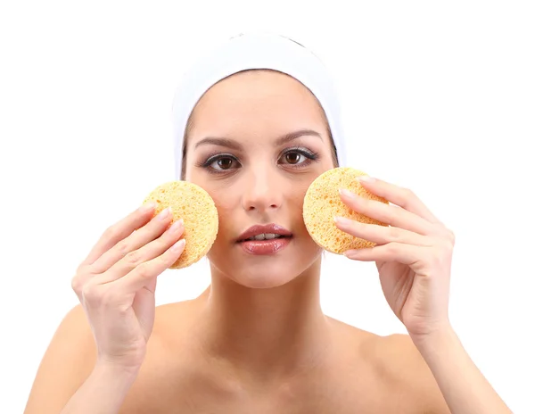 Young woman cleansing her face, isolated on white — Stock Photo, Image