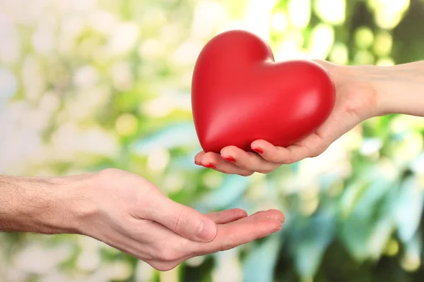 Rotes Herz in Frauen- und Männerhänden, auf grünem Hintergrund — Stockfoto