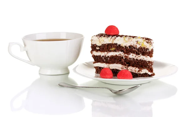 A cup of tea and delicious cake isolated on white — Stock Photo, Image