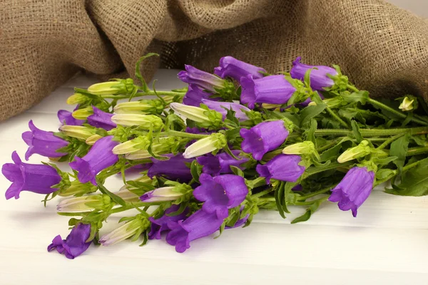 Mavi çan çiçekleri ve Beyaz ahşap zemin üzerine çuval bezi — Stok fotoğraf
