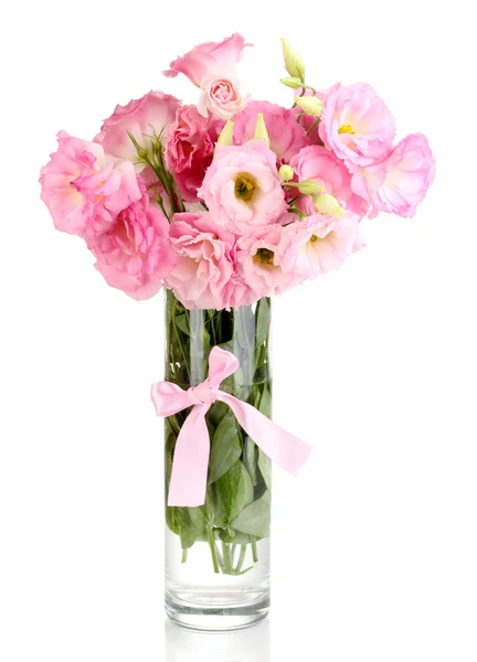 Bouquet of eustoma flowers in vase, isolated on white — Stock Photo, Image