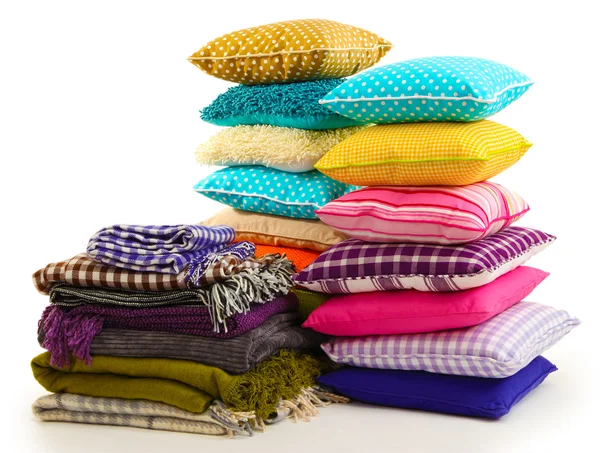 Hills colorful pillows and plaids isolated on white — Stock Photo, Image