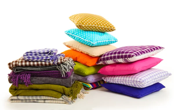 Hills colorful pillows and plaids isolated on white — Stock Photo, Image