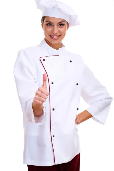 Portrait of young woman chef isolated on white — Stock Photo, Image