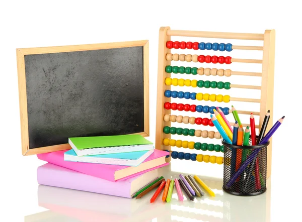 Toy abacus, school desk, books and pencils, isolated on white — Stock Photo, Image