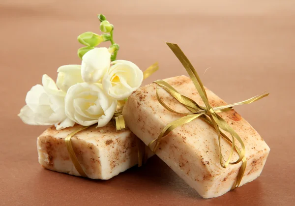 Natural handmade soap, on brown background — Stock Photo, Image