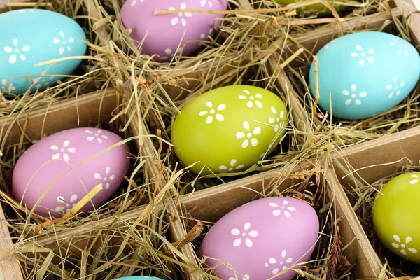Ovos de Páscoa em cesta de madeira fechar — Fotografia de Stock