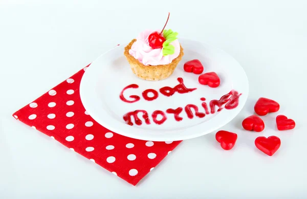 Tasty cake and jam inscription isolated on white — Stock Photo, Image