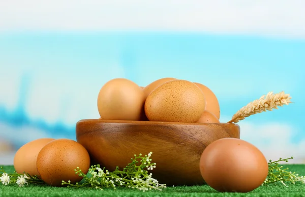 Eggs in bowl on grass on blue natural background — Stock Photo, Image