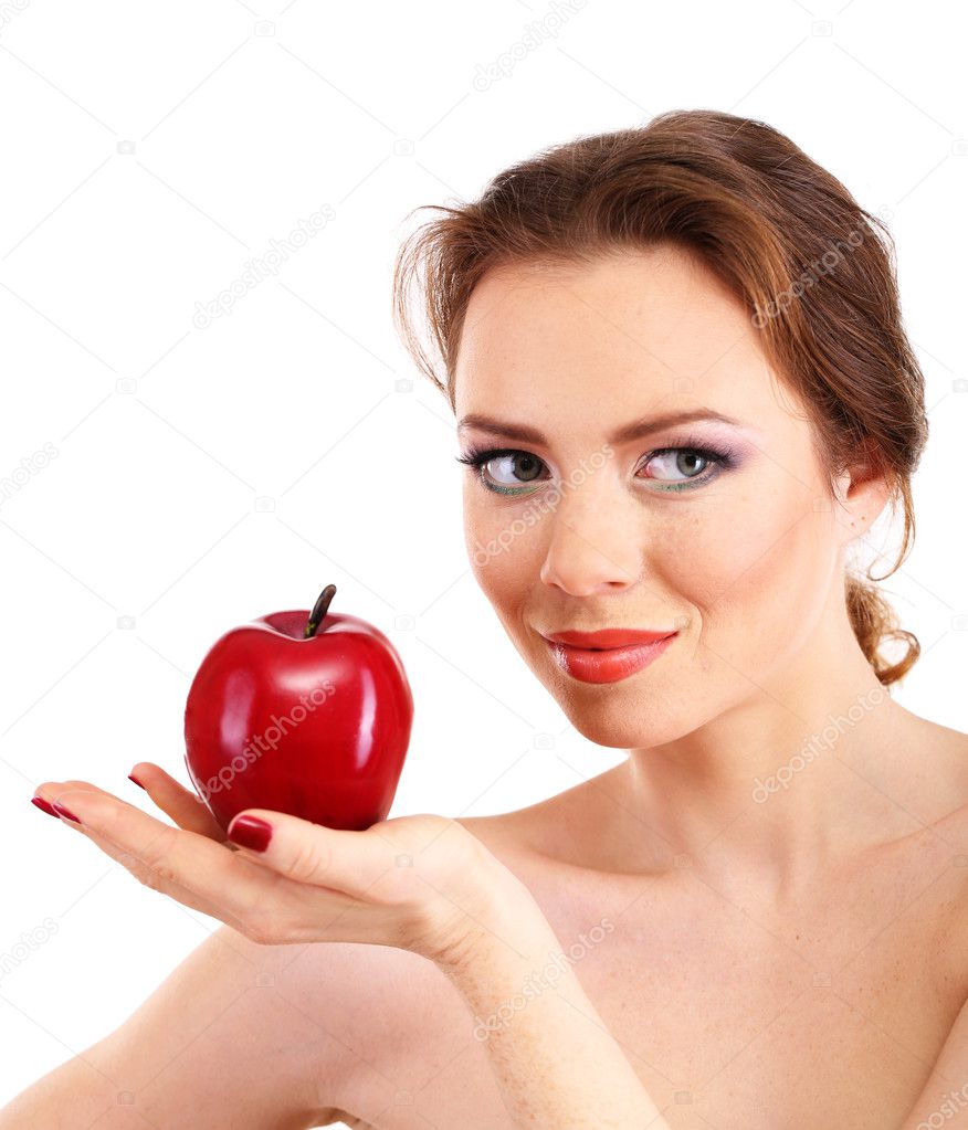 Beautiful young woman with bright make-up, holding red apple, isolated on white