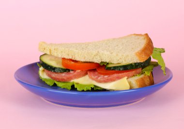 plaka üzerinde pembe bir arka plan üzerinde sandviç