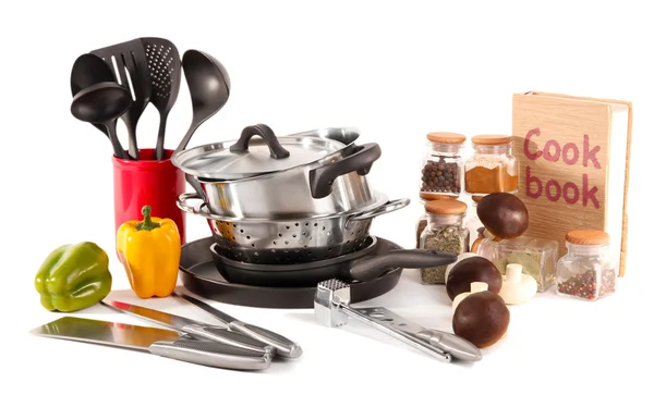 Composition of kitchen tools,spices and vegetables isolated on white — Stock Photo, Image