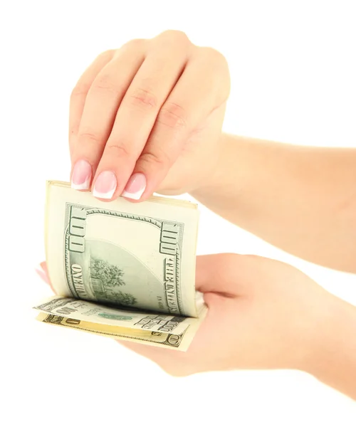 Kobieta opowiada dolarów, z bliska, na białym tle — Zdjęcie stockowe