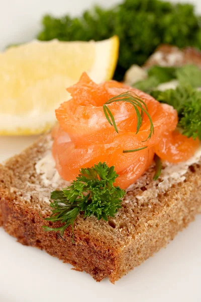 Sanduíche de salmão no prato, close-up — Fotografia de Stock