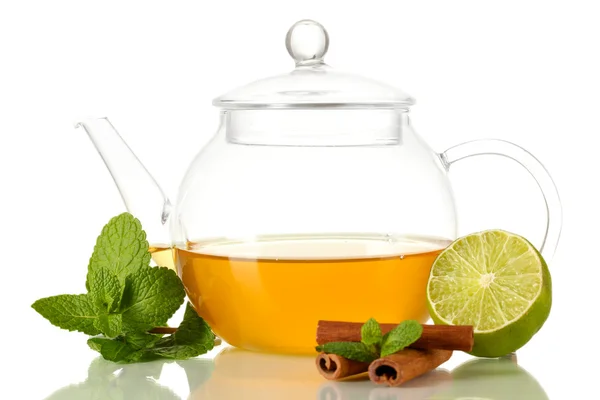 Teapot with mint,cinnamon and lime isolated on white — Stock Photo, Image