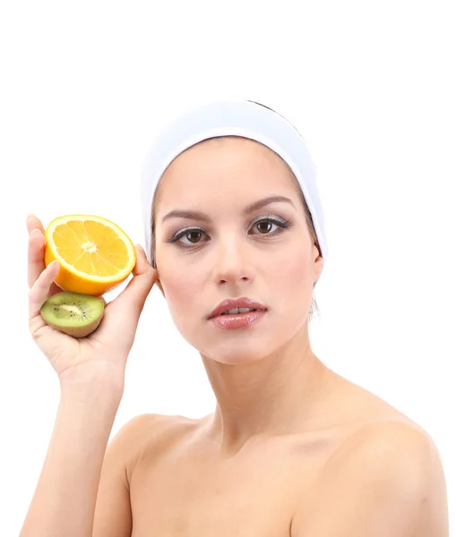 Giovane donna con frutta.Concetto: Maschere di frutta facciale. Isolato su bianco — Foto Stock