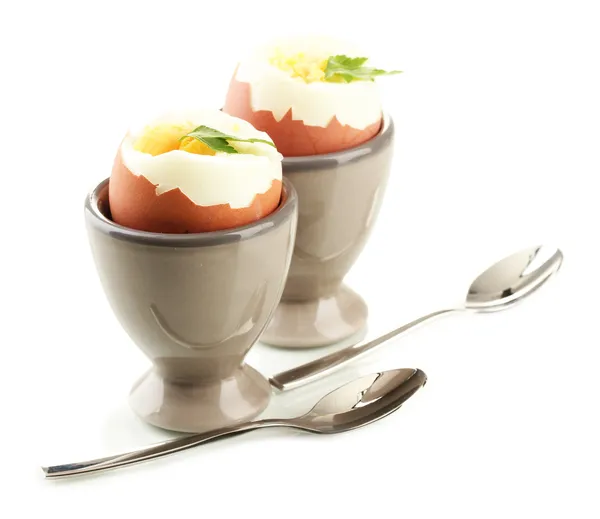 Vařená vejce vejce Cup, izolované na bílém — Stock fotografie