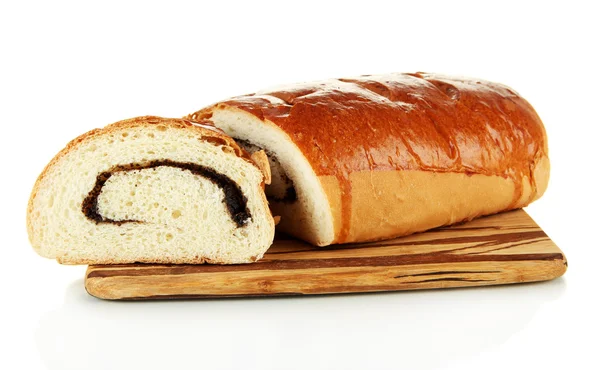 Loaf with poppy seeds on cutting board, isolated on white — Stock Photo, Image