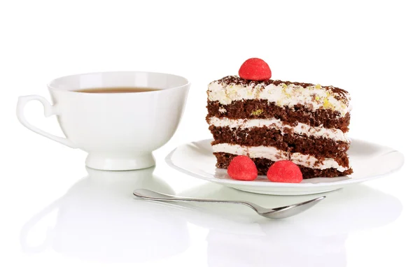 Filiżankę herbaty i pyszne ciasto na białym tle — Zdjęcie stockowe