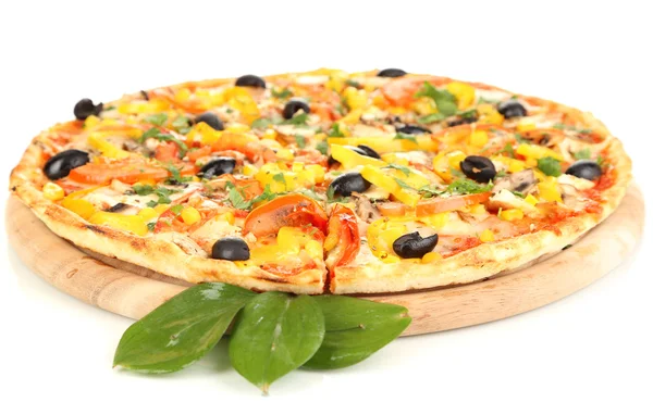 Tasty pizza with vegetables, chicken and olives isolated on white — Stock Photo, Image