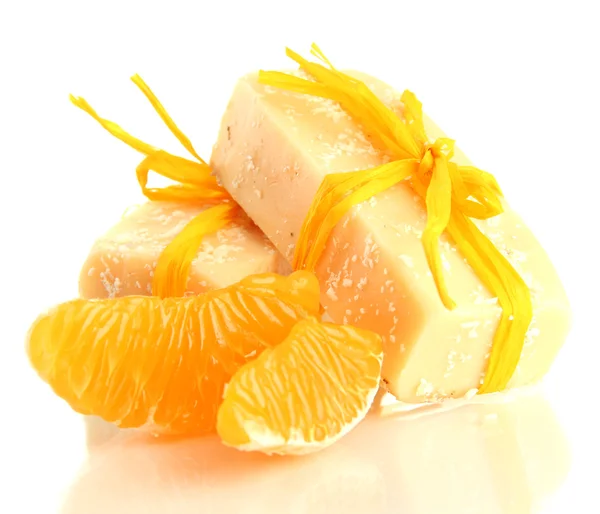 Natural handmade soap and orange, isolated on white — Stock Photo, Image