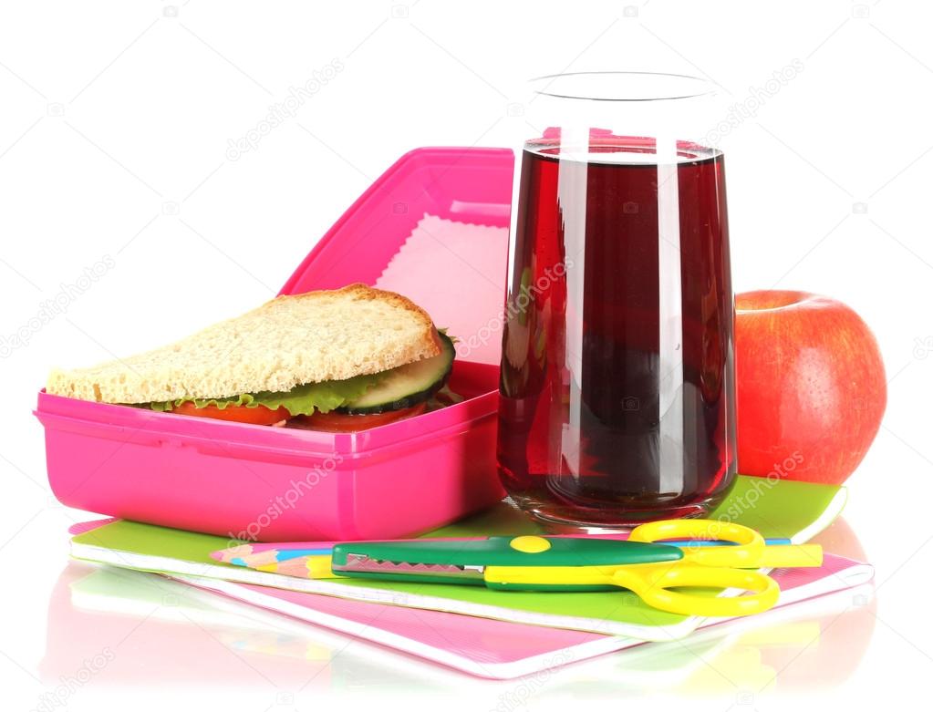 Lunch box with sandwich,apple,juice and stationery isolated on white