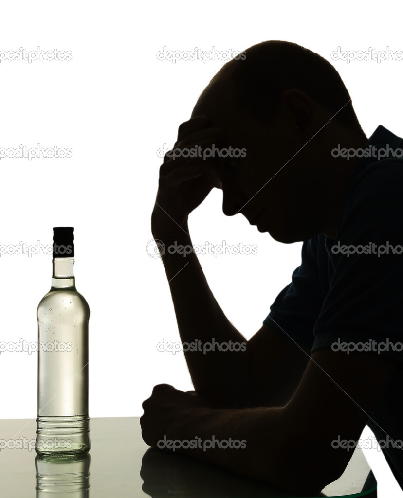 Silhouette of man with bottle of alcohol, isolated on white