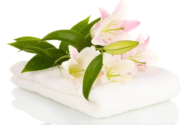 Beautiful lily on towel isolated on white — Stock Photo, Image