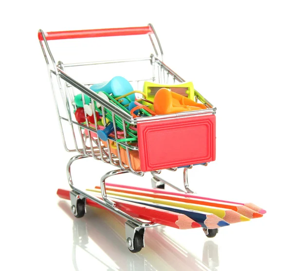 Trolley with school equipment isolated on white — Stock Photo, Image