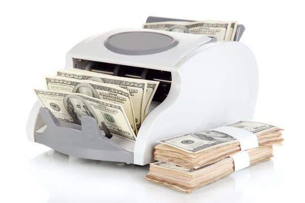 Machine for counting money and 100 dollar bills isolated on white — Stock Photo, Image