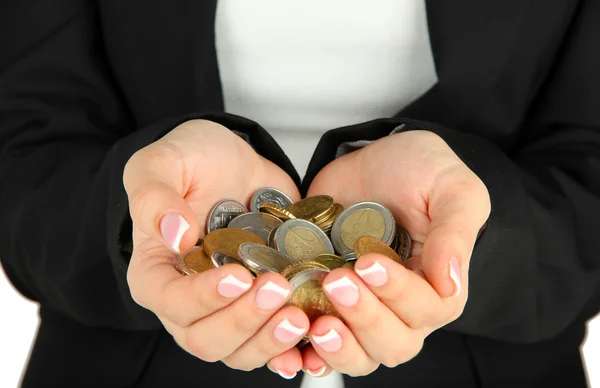 Manos de mujer con monedas aisladas en blanco —  Fotos de Stock