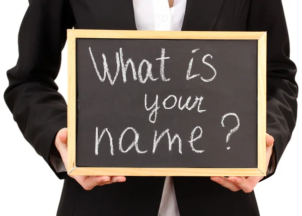 Mladá žena držící podepsat, jaké je vaše jméno? — Stock fotografie