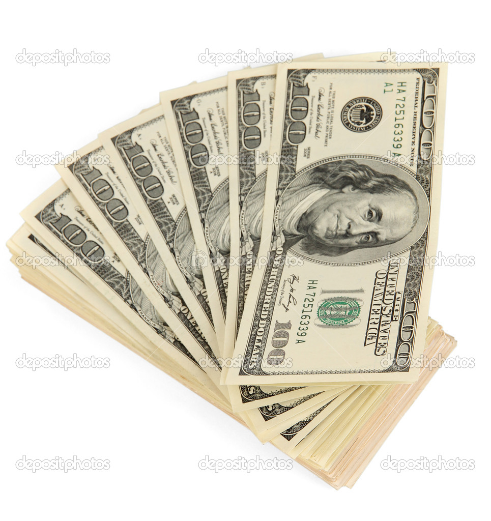 Many of one hundred dollars banknotes close-up isolated on white