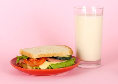 pembe bir arka plan üzerinde süt ile plaka üzerinde sandviç