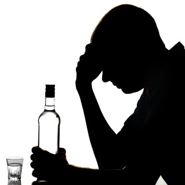 Silhouette of man with bottle of alcohol, isolated on white clipart