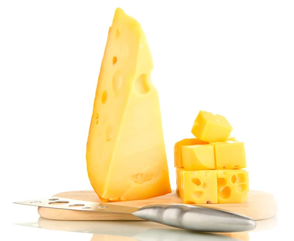 Cut cheese with knife on board isolated on white — Stock Photo, Image