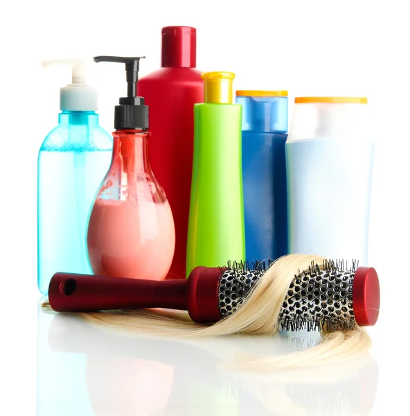 tarak fırça ile üzerine beyaz izole, saç ve Kozmetik Şişeler