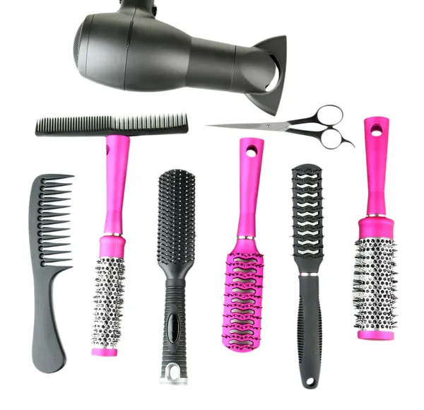 Comb brushes, hairdryer and cutting shears, isolated on white — Stock Photo, Image