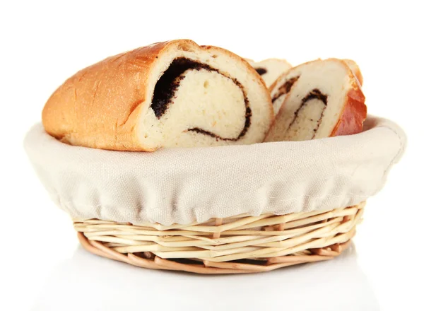 Pão com sementes de papoila em cesta de vime, isolado em branco — Fotografia de Stock