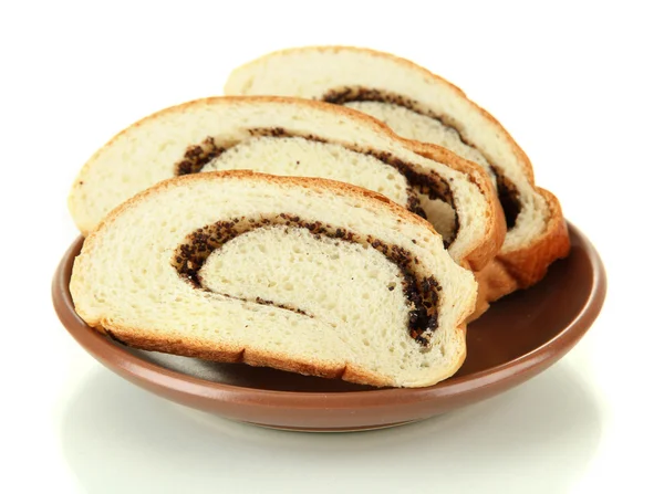 Pão com sementes de papoila na placa de cor, isolado em branco — Fotografia de Stock