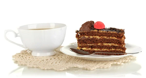 A cup of tea and delicious cake isolated on white — Stock Photo, Image