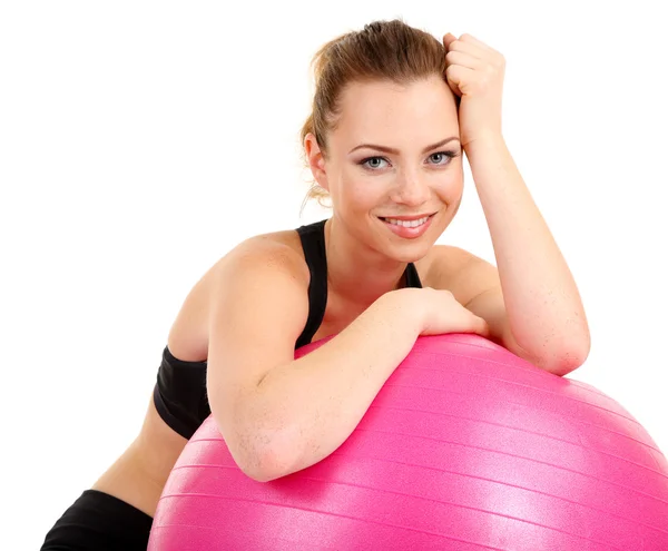 Young woman with gym ball isolated on white — Stock Photo, Image