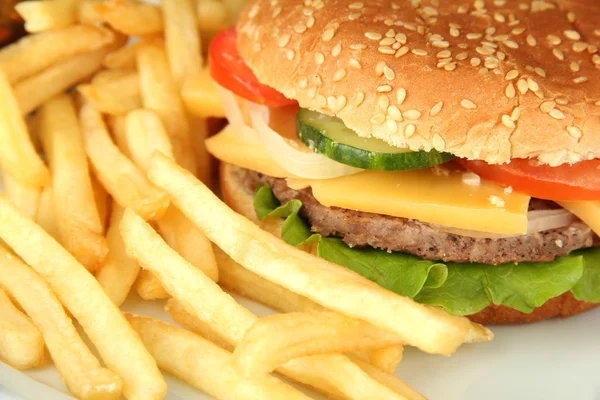 Tasty cheeseburger with fried potatoes, close up — Stock Photo, Image